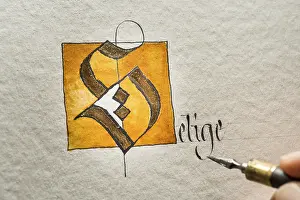 Calligrapher In Upper Bavaria Prints: Calligraphy studio, hand writes text with pen and nib