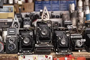 Prints of Camera, camera, retro, historical, flea market, one-eye, bellows, russian, many, several, in a row, in a line, background, illustration, USSR Related Image Prints: Vintage Camera Print - USSR Flea Market Scene