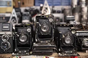 Prints of Camera, camera, retro, historical, flea market, one-eye, bellows, russian, many, several, in a row, in a line, background, illustration, USSR Related Image Prints: Vintage Camera Print: USSR Flea Market Scene