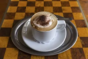 Southern Germany Food Images Prints: Cappuccino on table with chessboard pattern