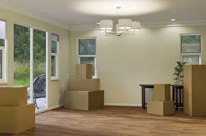 Uninhabited Space Prints: Several cardboard moving boxes