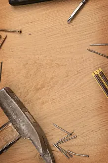 Rustic Wooden Background Prints: Carpenter tools on a rustic wooden background with space for text