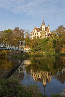 Eastern Germany Tourist Attraction Prints: Castle on a hill with reflection in the river
