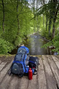 Black Forest Hiking Trails Prints: Backpack with a drinking bottle during a break