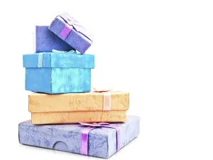 Gift Box Prints: Multicolored Gift Boxes Stack With Bow Against White Background