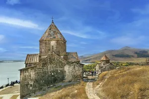 Lake Sevan Armenia Prints: Sevanavank is a monastic complex located on a peninsula at the northwestern shore of Lake Sevan