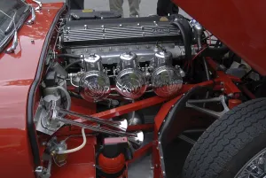 Retro Motor Vehicles Prints: Engine compartment of a Jaguar E Tpye 4