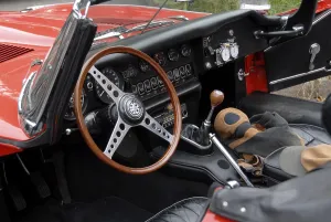 Deserted Road Traffic Europe Prints: Interior of a Jaguar E Type 4, 2