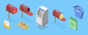 Valentine's Day Symbol Prints: 3D Isometric Flat Set of Mailboxes, Post Elements