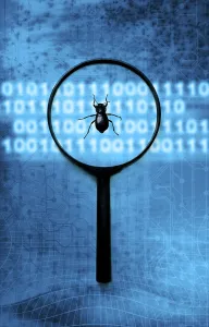 Prints of Bug magnifier and computer code, concept for identifying computer bugs and errors Related Prints: Bug Magnifier and Computer Code Print: Identifying Errors
