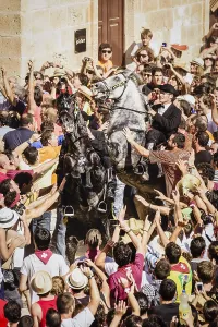 Prints of Horses dancing in the middle of the people, Des Born square, - caragol des Born -, Sant Joan festival. Ciutadella. Menorca, Balearic Islands, Spain Dance Prints: Horses Dancing in Des Born Square, Menorca, Spain Print