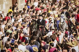 Prints of Horses dancing in the middle of the people, Des Born square, - caragol des Born -, Sant Joan festival. Ciutadella. Menorca, Balearic Islands, Spain Dance Prints: Horses Dancing in Des Born Square, Ciutadella Print