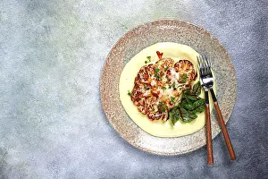 Cauliflower Steak Prints: Cauliflower steak, with mashed potatoes