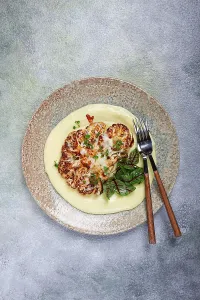 Cauliflower Steak Prints: Cauliflower steak, with mashed potatoes