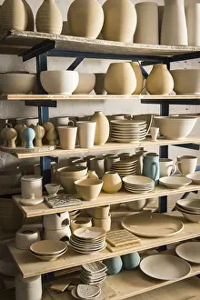 Ceramic Workshop Germany Prints: Ceramic workshop, drying rack with pottery