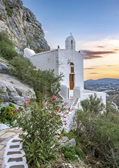 Greek Island Church Building Prints: Chapel of St. Michael, at sunset