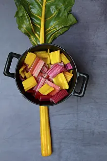 Beetroot Health Benefits Prints: Chard, leaf and chopped stems in pots