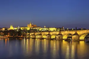 Prints of Charles bridge and cityscape at sunset, Prague, Czech Republic Prague Prints: Charles Bridge and Cityscape at Sunset Print, Prague