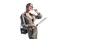 Caucasian Ethnicity Portrait Photo Prints: Charming girl makes notes on the tablet