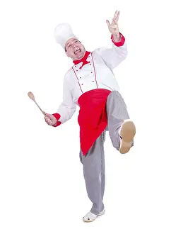 Caucasian Male Chef Prints: Cheerful chef dancing on white background