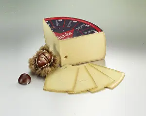 Light Background Food Photography Prints: Cheese on a light background, decorated with chestnuts