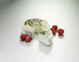 Dairy Product Decoration Prints: Cheese on a light background, decorated with tomatoes