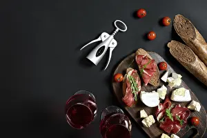 Food Photography Rustic Style Prints: Cheese and meat appetizer selection