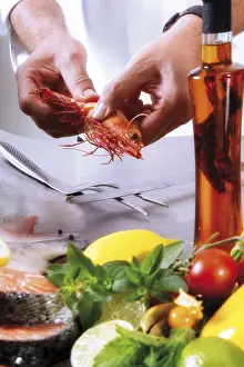 Healthy Eating Fish Dish Prints: Chef preparing fresh shrimp