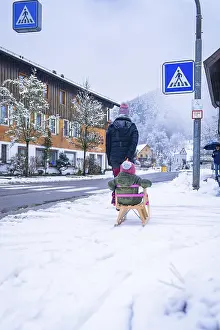 Black Forest Germany Winter Scene Prints: Child on a sledge pulling along a road