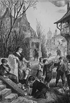 European Holiday Traditions Prints: Children playing easter games with easter eggs
