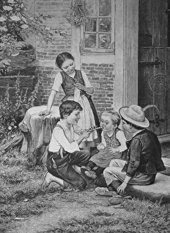 Historic Music Instrument Prints: Children Practising Playing the Flute