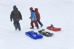 Snowy Mountain Scene Prints: Three children are pulling their sledge up the hill