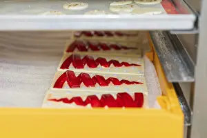 German Christmas Treats Prints: Chocolate bars with red patterns in a tray