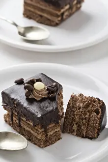 Baked Goods Nutrition Prints: Chocolate and coffee cake on a white plate