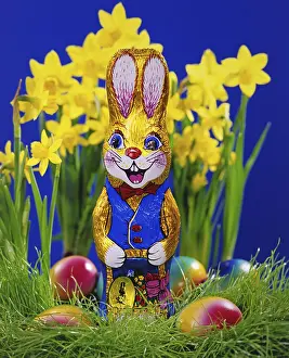 Colourful Easter Decorations Prints: A chocolate Easter bunny, colourful Easter eggs