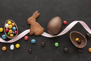 Decorative Easter Eggs Prints: Chocolate egg easter bunny shaped cookie with candy