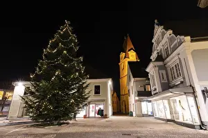 Church Tower At Night Prints: Christmas tree on the main square