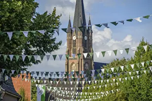 Abandoned Church Building Germany Prints: Church with high tower and flags