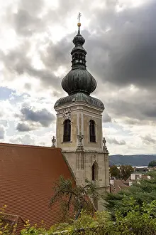 Cloudy Sky Atmosphere Prints: Church tower with clock and dramatic clouds in the sky