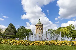 Prints of City view, historic water tower with fountain, landmark of Mannheim, Baden-Wurttemberg, Germany City view, historic water tower with fountain, landmark of Mannheim, Baden-Wrttemberg, Germany Mannheim Prints: City View Print: Historic Water Tower, Mannheim, Germany