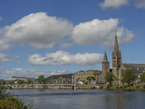 Prints of A city view with a river in the foreground, a bridge and several buildings, including a church with a high tower, Inverness, Scotland, Great Britain Inverness Prints: Inverness City View Print, Scotland
