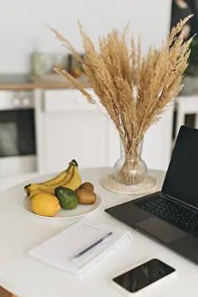 Balanced Diet Concept Prints: A clean workspace featuring a laptop