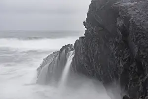 Wave Crashing On Rocks Prints: Cliffs of Dyrholey at Storm, Vik