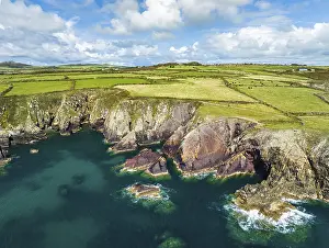 Aerial Landscape Photography UK Prints: Cliffs and Fields over Porthclais from a drone