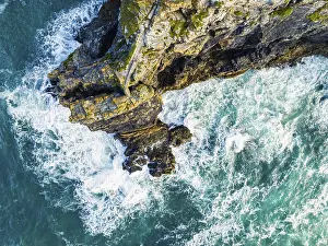 British Countryside View Prints: Top Down over Cliffs and Waves