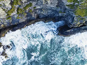 Drone Photography Cornwall Prints: Top Down over Cliffs and Waves from a drone