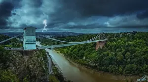 Prints of Clifton suspension bridge during storm, Bristol, England, UK Clifton Suspension Bridge Prints: Clifton Suspension Bridge Print, Stormy Bristol Scene
