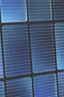 Eco Friendly Power Generation Prints: Close up of bifacial solar panel cells with blue grid texture and black frame pattern