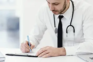 Medical Care Professional Prints: Close up doctor writing
