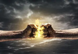 Aggressive Body Language Prints: Close up of two fists hitting each other over dramatic sky background